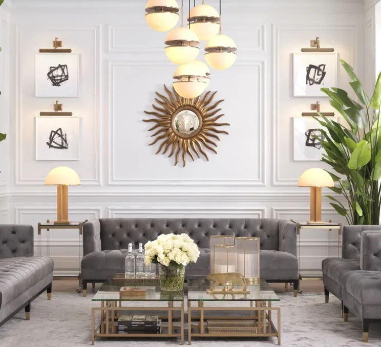 Suspension, Spiridon 5 light, laiton antique, blanc, L130cm, H155cm - Eichholtz