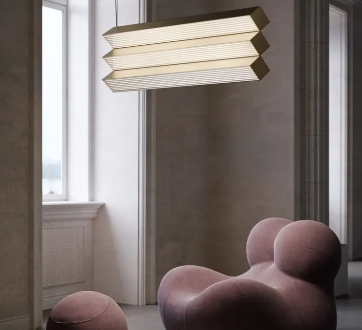 Suspension, Stick Trio, nickel doré satiné, LED, dim, DALI, 2700K, 10000 lm, L90cm, H36cm - Contardi