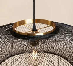 Suspension, ufo full, medium, noir charbon, bague laiton, câble noir, Ø60cm, H18cm - Atelier Robotiq