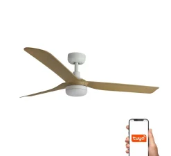 Plafonnier & Spot*Faro Ventilateur lumineux, Punt M Smart Tuya, blanc et bois clair, LED, dim, 3000 - 4200 - 6500K, 678 lm, Ø130cm, H32,2cm - blanc, bois clair