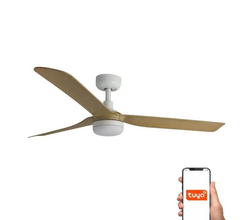 Plafonnier & Spot*Faro Ventilateur lumineux, Punt M Smart Tuya, blanc et bois clair, LED, dim, 3000 - 4200 - 6500K, 678 lm, Ø130cm, H32,2cm - blanc, bois clair